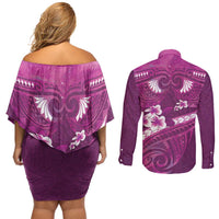Pink Polynesia Couples Matching Off Shoulder Short Dress and Long Sleeve Button Shirt Tribal Pattern Tropical Frangipani