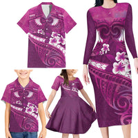 Pink Polynesia Family Matching Long Sleeve Bodycon Dress and Hawaiian Shirt Tribal Pattern Tropical Frangipani LT14 - Polynesian Pride