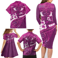 Pink Polynesia Family Matching Long Sleeve Bodycon Dress and Hawaiian Shirt Tribal Pattern Tropical Frangipani LT14 - Polynesian Pride