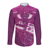 Pink Polynesia Long Sleeve Button Shirt Tribal Pattern Tropical Frangipani