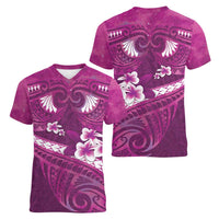 Pink Polynesia Women V-Neck T-Shirt Tribal Pattern Tropical Frangipani