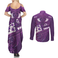 Purple Polynesia Couples Matching Summer Maxi Dress and Long Sleeve Button Shirt Tribal Pattern Tropical Frangipani