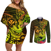 Hawaii Couples Matching Off Shoulder Short Dress and Long Sleeve Button Shirts Kanaka Map With Polynesian Shark Tattoo Reggae Unique LT14 Reggae - Polynesian Pride