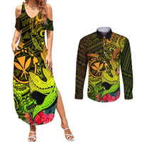 Hawaii Couples Matching Summer Maxi Dress and Long Sleeve Button Shirts Kanaka Map With Polynesian Shark Tattoo Reggae Unique LT14 Reggae - Polynesian Pride