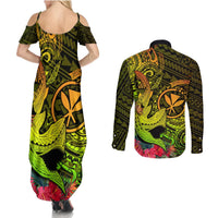 Hawaii Couples Matching Summer Maxi Dress and Long Sleeve Button Shirts Kanaka Map With Polynesian Shark Tattoo Reggae Unique LT14 - Polynesian Pride