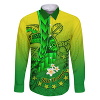 Kia Orana Cook Islands Family Matching Off Shoulder Short Dress and Hawaiian Shirt Kuki Airani Tattoo Pattern With Sea Turtle LT14 Dad's Shirt - Long Sleeve Green - Polynesian Pride