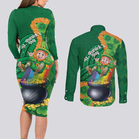 St Patrick's Day Hawaii Couples Matching Long Sleeve Bodycon Dress and Long Sleeve Button Shirt Hauoli Maoli Funny Shaka Leprechaun LT14 - Polynesian Pride