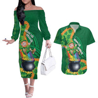 St Patrick's Day Hawaii Couples Matching Off The Shoulder Long Sleeve Dress and Hawaiian Shirt Hauoli Maoli Funny Shaka Leprechaun LT14 Green - Polynesian Pride