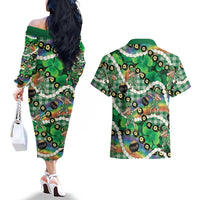 St Patrick's Day Palaka Hawaii Couples Matching Off The Shoulder Long Sleeve Dress and Hawaiian Shirt Kukui Nut Pikake Lei Shamrock Dabbing Leprechaun LT14 - Polynesian Pride