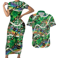 St Patrick's Day Palaka Hawaii Couples Matching Short Sleeve Bodycon Dress and Hawaiian Shirt Kukui Nut Pikake Lei Shamrock Dabbing Leprechaun LT14 Green - Polynesian Pride