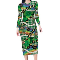 St Patrick's Day Palaka Hawaii Family Matching Long Sleeve Bodycon Dress and Hawaiian Shirt Kukui Nut Pikake Lei Shamrock Dabbing Leprechaun LT14 Mom's Dress Green - Polynesian Pride