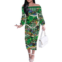 St Patrick's Day Palaka Hawaii Family Matching Off The Shoulder Long Sleeve Dress and Hawaiian Shirt Kukui Nut Pikake Lei Shamrock Dabbing Leprechaun LT14 Mom's Dress Green - Polynesian Pride