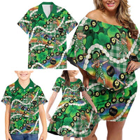 St Patrick's Day Palaka Hawaii Family Matching Off Shoulder Short Dress and Hawaiian Shirt Kukui Nut Pikake Lei Shamrock Dabbing Leprechaun LT14 - Polynesian Pride