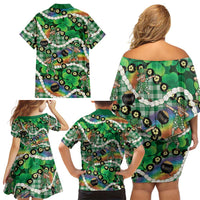 St Patrick's Day Palaka Hawaii Family Matching Off Shoulder Short Dress and Hawaiian Shirt Kukui Nut Pikake Lei Shamrock Dabbing Leprechaun LT14 - Polynesian Pride