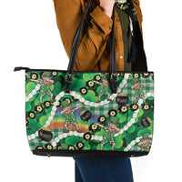 St Patrick's Day Palaka Hawaii Leather Tote Bag Kukui Nut Pikake Lei Shamrock Dabbing Leprechaun