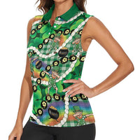 St Patrick's Day Palaka Hawaii Women Sleeveless Polo Shirt Kukui Nut Pikake Lei Shamrock Dabbing Leprechaun