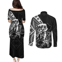 Hafa Adai Guam Discovery Day Couples Matching Puletasi and Long Sleeve Button Shirt Chamorro Latte Stone Hand Black Version