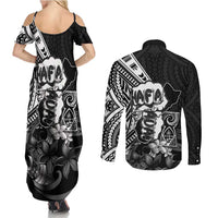 Hafa Adai Guam Discovery Day Couples Matching Summer Maxi Dress and Long Sleeve Button Shirt Chamorro Latte Stone Hand Black Version