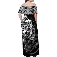 Hafa Adai Guam Discovery Day Family Matching Off Shoulder Maxi Dress and Hawaiian Shirt Chamorro Latte Stone Hand Black Version