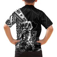 Hafa Adai Guam Discovery Day Family Matching Off Shoulder Short Dress and Hawaiian Shirt Chamorro Latte Stone Hand Black Version