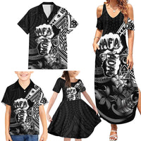Hafa Adai Guam Discovery Day Family Matching Summer Maxi Dress and Hawaiian Shirt Chamorro Latte Stone Hand Black Version