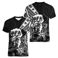 Hafa Adai Guam Discovery Day Women V-Neck T-Shirt Chamorro Latte Stone Hand Black Version