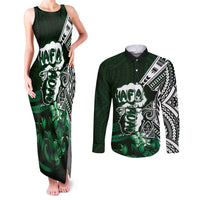 Hafa Adai Guam Discovery Day Couples Matching Tank Maxi Dress and Long Sleeve Button Shirt Chamorro Latte Stone Hand Green Version