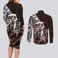 Hafa Adai Guam Discovery Day Couples Matching Long Sleeve Bodycon Dress and Long Sleeve Button Shirt Chamorro Latte Stone Hand Brown Version