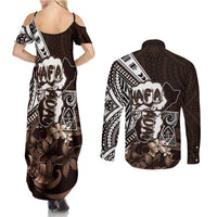 Hafa Adai Guam Discovery Day Couples Matching Summer Maxi Dress and Long Sleeve Button Shirt Chamorro Latte Stone Hand Brown Version