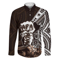 Hafa Adai Guam Discovery Day Family Matching Off The Shoulder Long Sleeve Dress and Hawaiian Shirt Chamorro Latte Stone Hand Brown Version LT14 Dad's Shirt - Long Sleeve Brown - Polynesian Pride