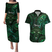 Personalised Polynesia Zodiac Taurus Couples Matching Puletasi and Hawaiian Shirt Galaxy Polynesian Pattern Chest Tattoo Style