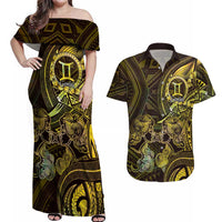 Personalised Polynesia Zodiac Gemini Couples Matching Off Shoulder Maxi Dress and Hawaiian Shirt Galaxy Polynesian Pattern Chest Tattoo Style