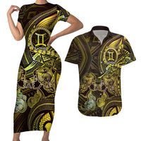 Personalised Polynesia Zodiac Gemini Couples Matching Short Sleeve Bodycon Dress and Hawaiian Shirt Galaxy Polynesian Pattern Chest Tattoo Style