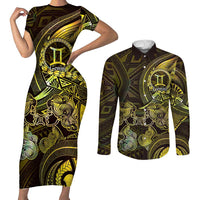Personalised Polynesia Zodiac Gemini Couples Matching Short Sleeve Bodycon Dress and Long Sleeve Button Shirt Galaxy Polynesian Pattern Chest Tattoo Style