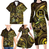 Personalised Polynesia Zodiac Gemini Family Matching Long Sleeve Bodycon Dress and Hawaiian Shirt Galaxy Polynesian Pattern Chest Tattoo Style