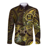 Personalised Polynesia Zodiac Gemini Long Sleeve Button Shirt Galaxy Polynesian Pattern Chest Tattoo Style