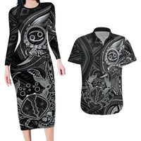 Personalised Polynesia Zodiac Cancer Couples Matching Long Sleeve Bodycon Dress and Hawaiian Shirt Galaxy Polynesian Pattern Chest Tattoo Style