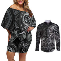 Personalised Polynesia Zodiac Cancer Couples Matching Off Shoulder Short Dress and Long Sleeve Button Shirt Galaxy Polynesian Pattern Chest Tattoo Style