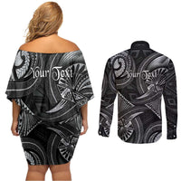 Personalised Polynesia Zodiac Cancer Couples Matching Off Shoulder Short Dress and Long Sleeve Button Shirt Galaxy Polynesian Pattern Chest Tattoo Style