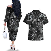 Personalised Polynesia Zodiac Cancer Couples Matching Off The Shoulder Long Sleeve Dress and Hawaiian Shirt Galaxy Polynesian Pattern Chest Tattoo Style
