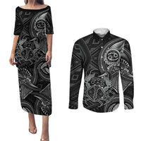 Personalised Polynesia Zodiac Cancer Couples Matching Puletasi and Long Sleeve Button Shirt Galaxy Polynesian Pattern Chest Tattoo Style