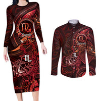 Personalised Polynesia Zodiac Scorpio Couples Matching Long Sleeve Bodycon Dress and Long Sleeve Button Shirt Galaxy Polynesian Pattern Chest Tattoo Style