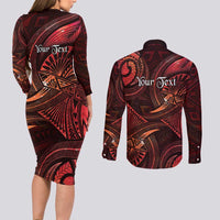 Personalised Polynesia Zodiac Scorpio Couples Matching Long Sleeve Bodycon Dress and Long Sleeve Button Shirt Galaxy Polynesian Pattern Chest Tattoo Style