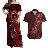 Personalised Polynesia Zodiac Scorpio Couples Matching Off Shoulder Maxi Dress and Hawaiian Shirt Galaxy Polynesian Pattern Chest Tattoo Style