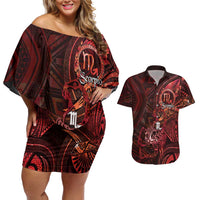 Personalised Polynesia Zodiac Scorpio Couples Matching Off Shoulder Short Dress and Hawaiian Shirt Galaxy Polynesian Pattern Chest Tattoo Style