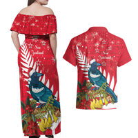 New Zealand Christmas In July Couples Matching Off Shoulder Maxi Dress and Hawaiian Shirt Tui Bird With Kowhai Meri Kirihimete LT14 - Polynesian Pride