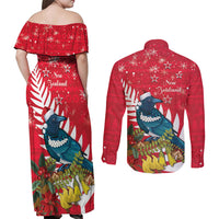 New Zealand Christmas In July Couples Matching Off Shoulder Maxi Dress and Long Sleeve Button Shirt Tui Bird With Kowhai Meri Kirihimete LT14 - Polynesian Pride