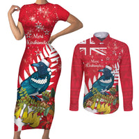 New Zealand Christmas In July Couples Matching Short Sleeve Bodycon Dress and Long Sleeve Button Shirt Tui Bird With Kowhai Meri Kirihimete LT14 Red - Polynesian Pride