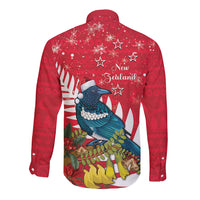 New Zealand Christmas In July Long Sleeve Button Shirt Tui Bird With Kowhai Meri Kirihimete LT14 - Polynesian Pride