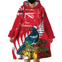 New Zealand Christmas In July Wearable Blanket Hoodie Tui Bird With Kowhai Meri Kirihimete LT14 - Polynesian Pride